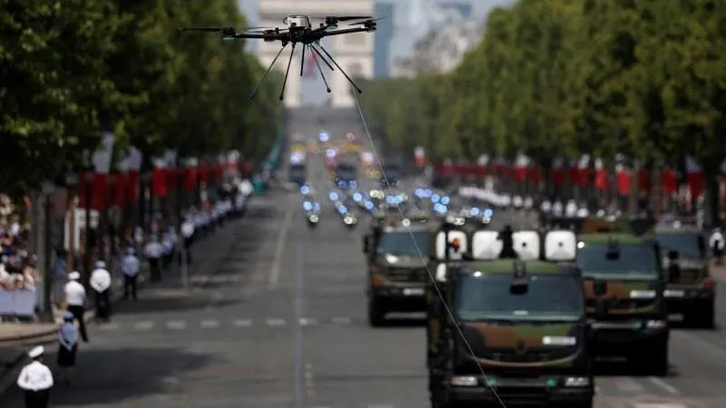 Leclerc main battle tank with anti-drone 'mangal' and tethered drone shown at Paris Bastille Day parade