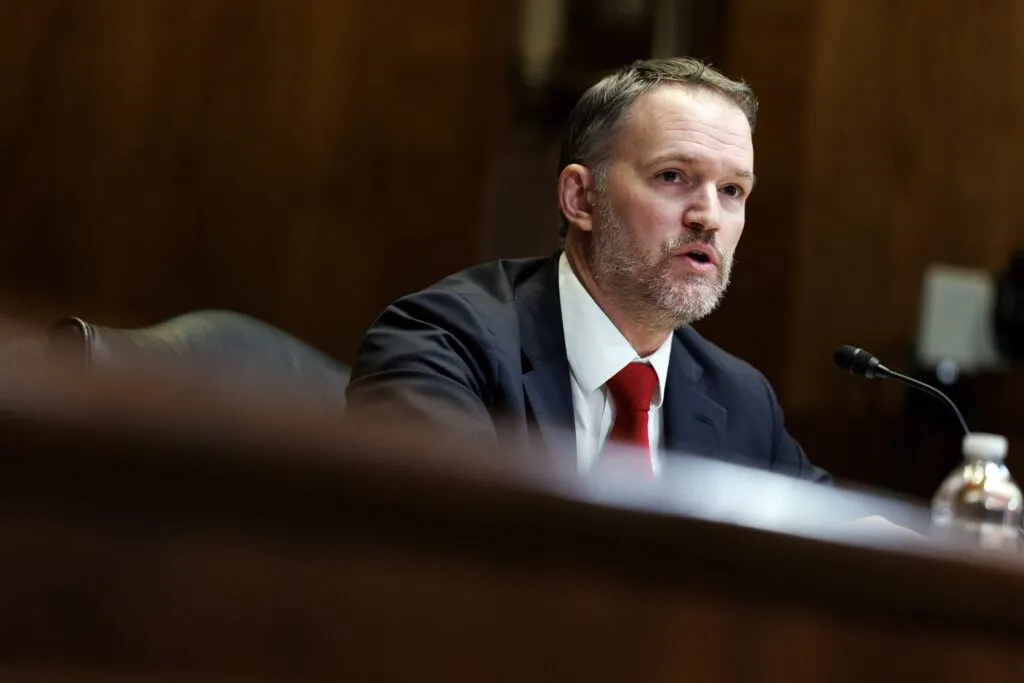 Jamieson Greer at a Senate hearing, a U.S. official whose decisions pressure Europe