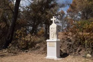 The monument erected for the pilgrimage&rsquo;s fiftieth anniversary remained unmarked despite the fire&rsquo;s passage.